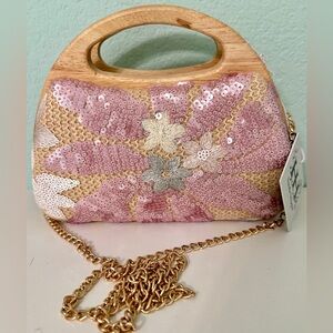 NWT Haute Hippie Pink Sequin Floral handbag wooden handles gold chain crossbody